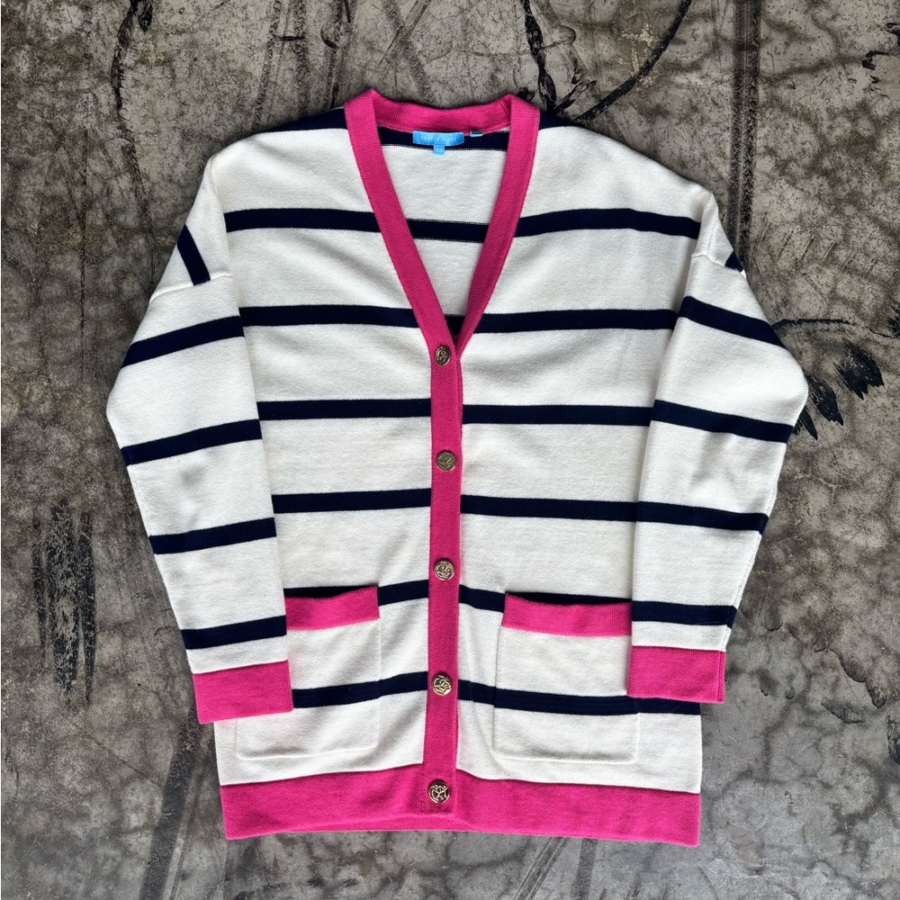 Draper James Navy and Pink Striped Cardigan